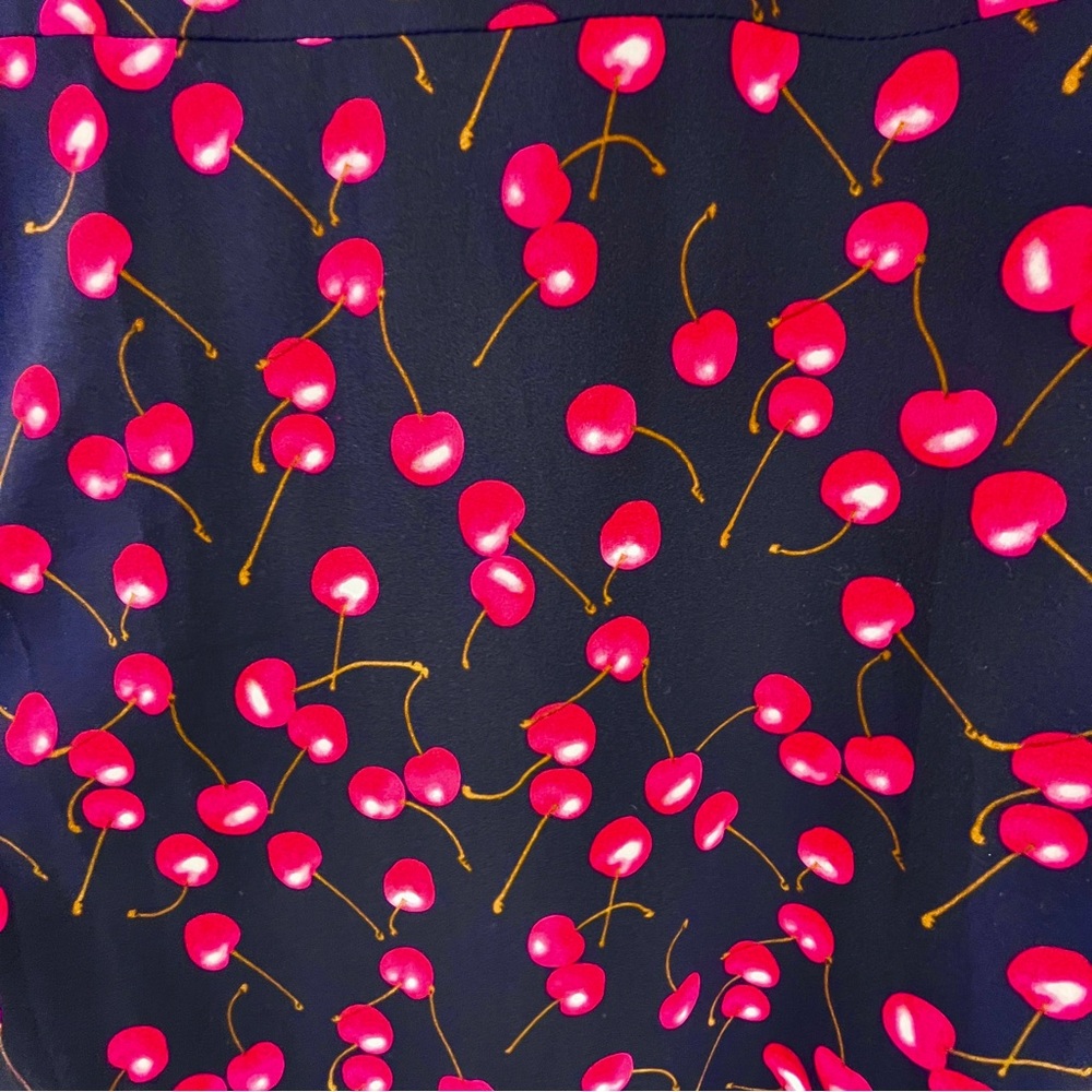 J Crew Factory Cherry Print Dress Ruffled Neck and Hemline Faux Wrap Navy Red 12 - Picture 8 of 11